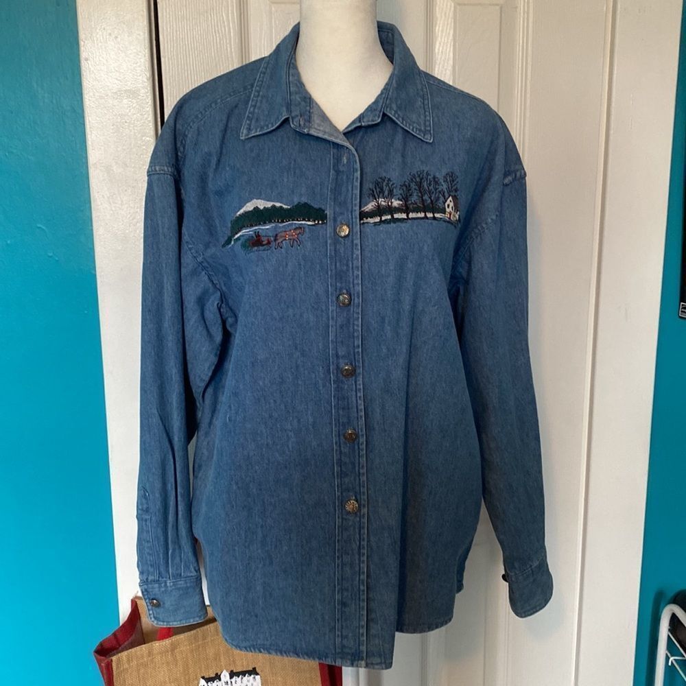 Bushwacker Denim Embroidered Shirt Winter Scene Size Medium